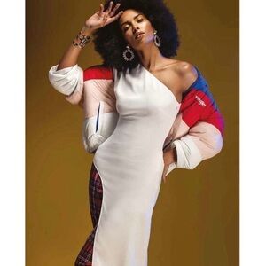 CUSHNIE White One Shoulder Draped Flutter Sleeve Asymmetrical Tunic Blouse 12